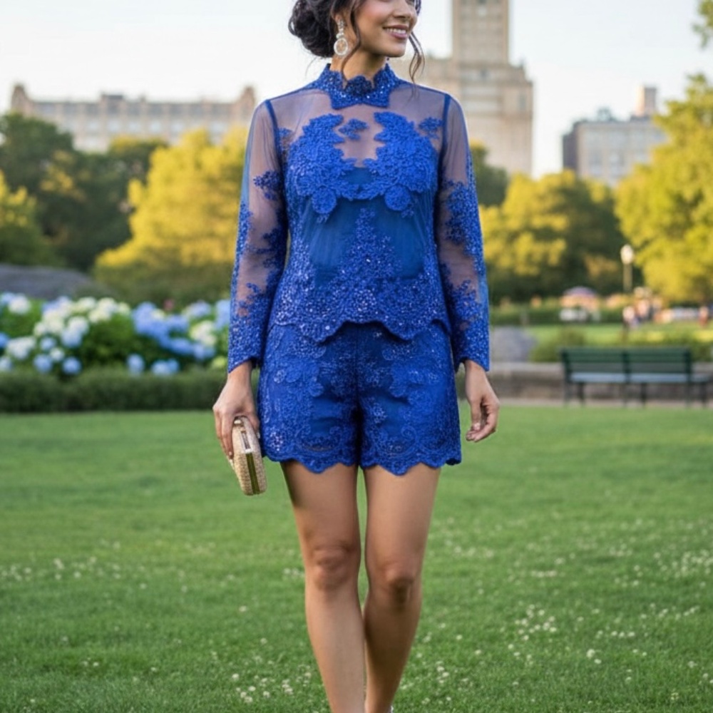 #A030   FT INC Royal Blue Lace Embroidered Sequin Sheer Top – Size XL – New - Picture 2 of 12